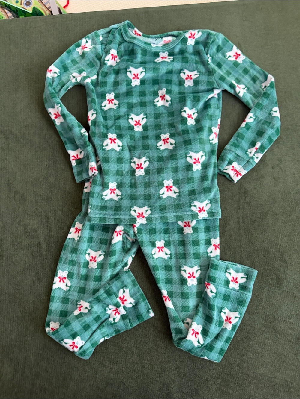 Cat & Jack Green Plaid Pajama Set with White Bear Motif